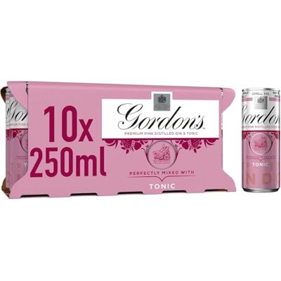 Gordon's Premium Pink Distilled Gin & Tonic 5% vol 10 x 250ml Can Ready to Drink Pink Gin & Tonic Cans Flavours of Raspberry Strawberry & Redcurrant Gordon's Premium Pink Distilled Gin & Tonic 5% vol 10 x 250ml Can Ready to Drink Pink Gin & Tonic Cans Flavours of Raspberry Strawberry & Redcurrant