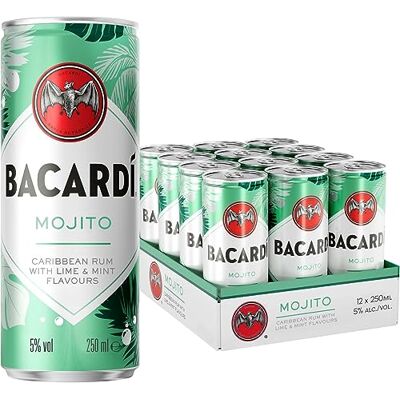 Bacardi Mojito RTD Canned Cocktail, with Carta Blanca, 5% ABV, 12x25cl Ready-to-Drink, Premixed Mojito Cans, Carta Blanca Rum, Mint & Lime, Perfect for Parties, 12X250ml Multipack Bacardi Mojito RTD Canned Cocktail, with Carta Blanca, 5% ABV, 12x25cl Ready-to-Drink, Premixed Mojito Cans, Carta Blanca Rum, Mint & Lime, Perfect for Parties, 12X250ml Multipack