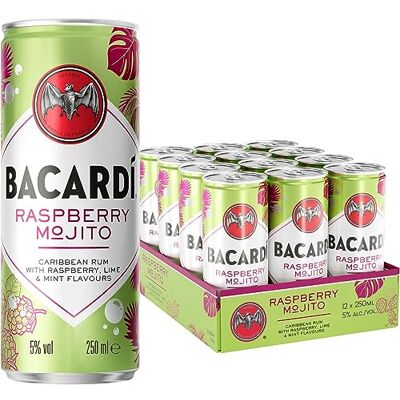 Bacardi Raspberry Mojito RTD Canned Cocktail, Carta Blanca, 5% ABV, 12x25cl Ready-to-Drink, Premixed Cocktail Cans, Carta Blanca Rum, Lime, Mint & Raspberry, Perfect for Parties, 12x250ml Bacardi Raspberry Mojito RTD Canned Cocktail, Carta Blanca, 5% ABV, 12x25cl Ready-to-Drink, Premixed Cocktail Cans, Carta Blanca Rum, Lime, Mint & Raspberry, Perfect for Parties, 12x250ml
