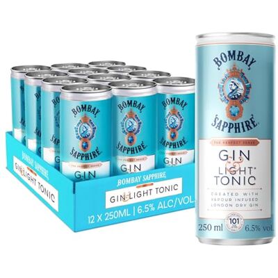 Sapphire Gin and Light Tonic Ready to Drink Cocktail Cans, 6.5% vol., 25 cl / 250 ml (Pack of 12), Alcohol Drinks with 100% Vapour Infused London Dry Gin Sapphire Gin and Light Tonic Ready to Drink Cocktail Cans, 6.5% vol., 25 cl / 250 ml (Pack of 12), Alcohol Drinks with 100% Vapour Infused London Dry Gin