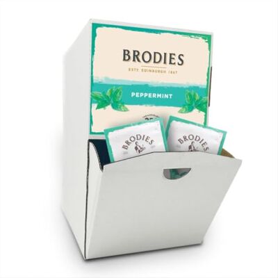 Brodies Peppermint Tag and Envelope 1 Dispenser box of 250 tea bags Infusion of refreshing and stimulating bright green cut Leaves, Caffeine Free Brodies Peppermint Tag and Envelope 1 Dispenser box of 250 tea bags Infusion of refreshing and stimulating bright green cut Leaves, Caffeine Free