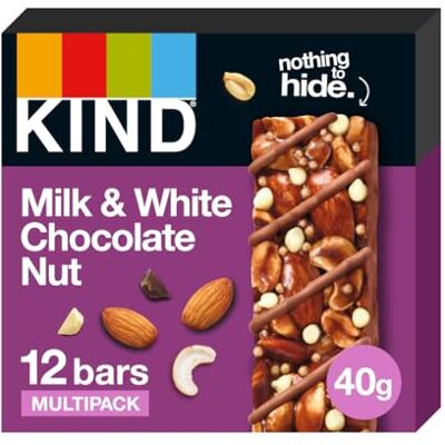 KIND Bars, Milk Chocolate and White Chocolate Nut, Gluten Free Snack Bars, No Artificial Colours, Flavours or Preservatives, Multipack 12 x 40g KIND Bars, Milk Chocolate and White Chocolate Nut, Gluten Free Snack Bars, No Artificial Colours, Flavours or Preservatives, Multipack 12 x 40g