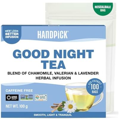 HANDPICK , Good Night Tea Bags (100 Count) Caffeine Free, Gluten Free Herbal Tea Floral Blend Lavender, Chamomile, Peppermint Perfect for Bedtime HANDPICK , Good Night Tea Bags (100 Count) Caffeine Free, Gluten Free Herbal Tea Floral Blend Lavender, Chamomile, Peppermint Perfect for Bedtime
