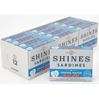 Shines Tinned Sardines in Spring Water with No Added Salt 12 x 106g Cans Shines Tinned Sardines in Spring Water with No Added Salt 12 x 106g Cans