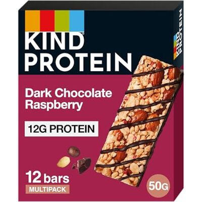 KIND Protein Bars, Gluten Free Snack Bars, Dark Chocolate Raspberry, High Fibre, Healthy Snack, Source of Protein, Multipack 12 x 50g,Packaging may vary KIND Protein Bars, Gluten Free Snack Bars, Dark Chocolate Raspberry, High Fibre, Healthy Snack, Source of Protein, Multipack 12 x 50g,Packaging may vary