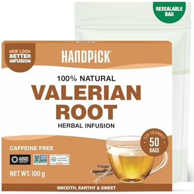 HANDPICK , Valerian Root Tea Bags (Valeriana) 50 Count Non-GMO, Caffeine Free, Real Ingredients Earthy/Woody Herbal Tea Bags Round Eco-conscious Tea Bags HANDPICK , Valerian Root Tea Bags (Valeriana) 50 Count Non-GMO, Caffeine Free, Real Ingredients Earthy/Woody Herbal Tea Bags Round Eco-conscious Tea Bags
