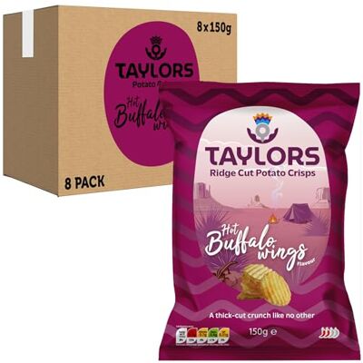 TAYLORS Ridge Cut Hot Buffalo Wings 150 g (Pack of 8) – Spicy Chicken Flavour Ridge Crisps With Meaty Notes and Thick-Cut Crunch TAYLORS Ridge Cut Hot Buffalo Wings 150 g (Pack of 8) – Spicy Chicken Flavour Ridge Crisps With Meaty Notes and Thick-Cut Crunch