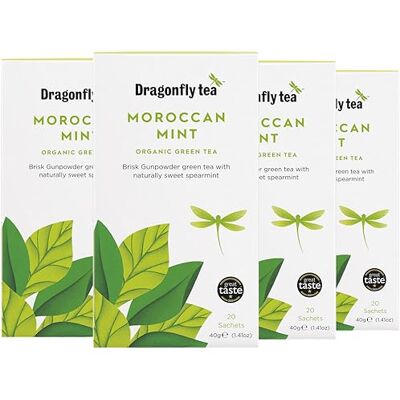 DRAGONFLY Moroccan Mint Tea Pack of 4 x 20 Organic Teabags (80 Teabags) Mint Tea Bags Green Tea Bag Reviving & Sweet Compostable Tea Bags DRAGONFLY Moroccan Mint Tea Pack of 4 x 20 Organic Teabags (80 Teabags) Mint Tea Bags Green Tea Bag Reviving & Sweet Compostable Tea Bags