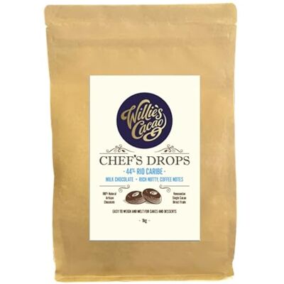 Willie's Cacao Rio Caribe 44% Milk Chocolate Chef's Drops 1kg Couverture Chocolate with Rich Nutty, Coffee Notes for Cooking & Baking Willie's Cacao Rio Caribe 44% Milk Chocolate Chef's Drops 1kg Couverture Chocolate with Rich Nutty, Coffee Notes for Cooking & Baking