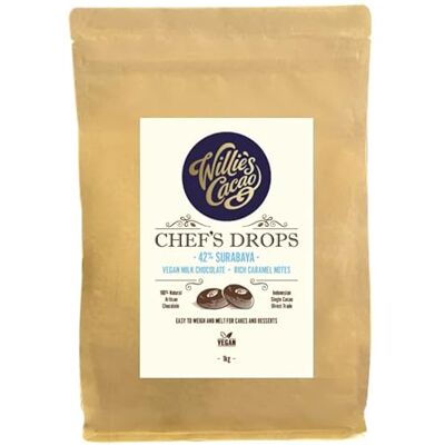 Willie's Cacao Vegan Milk Chocolate Chef's Drops 1kg Surabaya 42% couverture chocolate with caramel notes For cooking & baking Oat based Willie's Cacao Vegan Milk Chocolate Chef's Drops 1kg Surabaya 42% couverture chocolate with caramel notes For cooking & baking Oat based