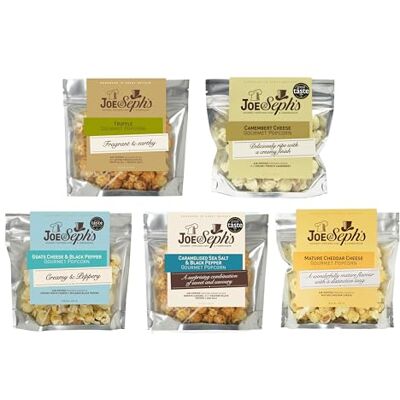 Joe & Seph's Savoury Popcorn Tasting Selection (5x30g) Goats Cheese & Black Pepper, Cheddar Cheese, Truffle, Cheddar Cheese & Chilli and Camembert Cheese, gourmet popcorn, air-popped popcorn Joe & Seph's Savoury Popcorn Tasting Selection (5x30g) Goats Cheese & Black Pepper, Cheddar Cheese, Truffle, Cheddar Cheese & Chilli and Camembert Cheese, gourmet popcorn, air-popped popcorn