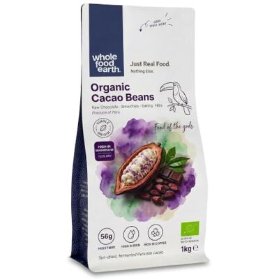 Wholefood Earth Organic Cacao Beans 1kg Raw Whole Cacao High Fibre High in Magnesium & Iron Vegan GMO Free Certified Organic Wholefood Earth Organic Cacao Beans 1kg Raw Whole Cacao High Fibre High in Magnesium & Iron Vegan GMO Free Certified Organic
