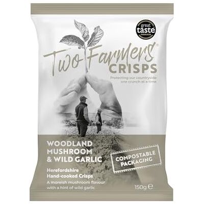 Two Farmers Crisps, Woodland Mushroom & Wild Garlic Hand Cooked Crisps, Vegan and Vegetarian, Gluten Free, 100% Compostable Bags, 12 x 150g Two Farmers Crisps, Woodland Mushroom & Wild Garlic Hand Cooked Crisps, Vegan and Vegetarian, Gluten Free, 100% Compostable Bags, 12 x 150g