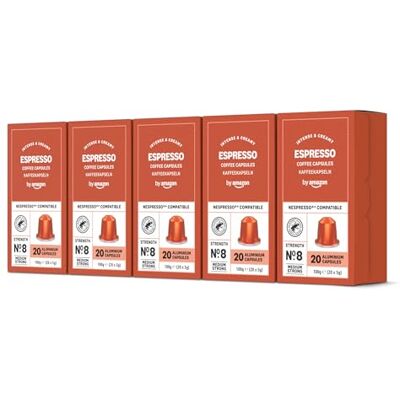 by Amazon Espresso Aluminium Coffee Pods Compatible with Nespresso, Light Roast, 100 Count (5 Packs of 20) Rainforest Alliance Certified by Amazon Espresso Aluminium Coffee Pods Compatible with Nespresso, Light Roast, 100 Count (5 Packs of 20) Rainforest Alliance Certified