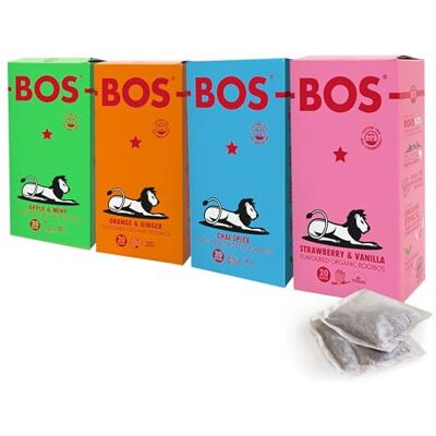 BOS Organic Rooi Caffeine Free Tea Variety Pack: Includes Apple With Mint Leaves, Orange With Ginger Pieces, Chai, Strawberry & Vanilla, 4 x 50 g Cartons (Total 80 Teabags) BOS Organic Rooi Caffeine Free Tea Variety Pack: Includes Apple With Mint Leaves, Orange With Ginger Pieces, Chai, Strawberry & Vanilla, 4 x 50 g Cartons (Total 80 Teabags)