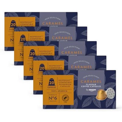 by Amazon Caramel Coffee Nespresso Compatible Aluminium Capsules, 100 Count (5 Packs x 20) Rainforest Alliance Certified by Amazon Caramel Coffee Nespresso Compatible Aluminium Capsules, 100 Count (5 Packs x 20) Rainforest Alliance Certified