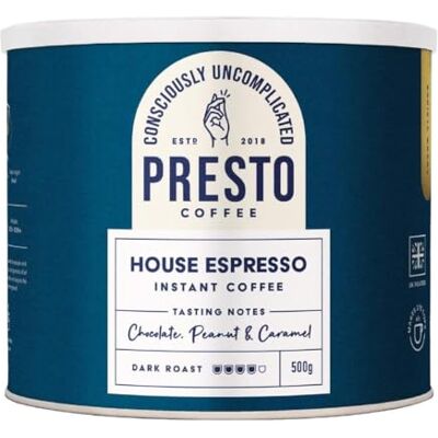 Presto Coffee – House Espresso Instant Coffee – 500g – Smooth & Balanced – Chocolate Almond Notes – India Origin Arabica – Rainforest Alliance Certified – Recyclable Packaging Presto Coffee – House Espresso Instant Coffee – 500g – Smooth & Balanced – Chocolate Almond Notes – India Origin Arabica – Rainforest Alliance Certified – Recyclable Packaging
