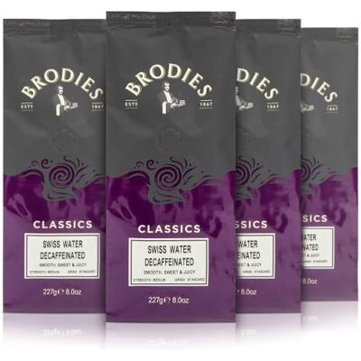 Brodies Classics Artisan Ground Coffee Swiss Water Decaffeinated 100 Percent Arabica (4 Pack of 227 g) smooth, sweet and juicy, medium Strength, standard Grind, Hand roasted Brodies Classics Artisan Ground Coffee Swiss Water Decaffeinated 100 Percent Arabica (4 Pack of 227 g) smooth, sweet and juicy, medium Strength, standard Grind, Hand roasted