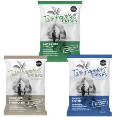 Two Farmers Crisps, Vegan Mixed Selection Box Lightly Salted, Salt & Cider Vinger, Woodland Mushroom & Wild Garlic, Gluten Free, 100% Compostable Bags, 12 x 150g Two Farmers Crisps, Vegan Mixed Selection Box Lightly Salted, Salt & Cider Vinger, Woodland Mushroom & Wild Garlic, Gluten Free, 100% Compostable Bags, 12 x 150g
