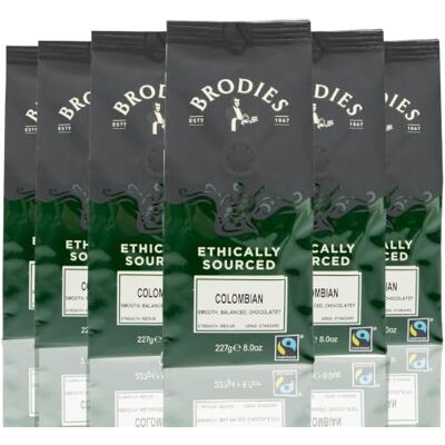 Brodies Ethically Sourced Artisan Ground Coffee Colombian Fairtrade 100% Arabica smooth, balanced, chocolatey, medium strength, standard grind, hand roasted (6 Pack of 227 g) Brodies Ethically Sourced Artisan Ground Coffee Colombian Fairtrade 100% Arabica smooth, balanced, chocolatey, medium strength, standard grind, hand roasted (6 Pack of 227 g)