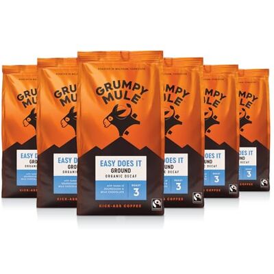 Grumpy Mule Easy Does It Swiss Water Organic (Decaf Ground Coffee) with notes of Milk Chocolate 200g (Pack of 6 Total 1.2kg) Grumpy Mule Easy Does It Swiss Water Organic (Decaf Ground Coffee) with notes of Milk Chocolate 200g (Pack of 6 Total 1.2kg)