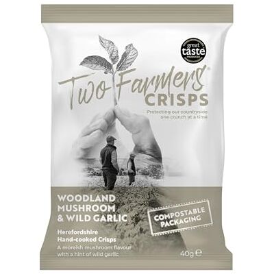 Two Farmers Crisps, Woodland Mushroom & Wild Garlic Hand Cooked Crisps, Vegan and Vegetarian, Gluten Free, 100% Compostable Bags, 24 x 40g Two Farmers Crisps, Woodland Mushroom & Wild Garlic Hand Cooked Crisps, Vegan and Vegetarian, Gluten Free, 100% Compostable Bags, 24 x 40g