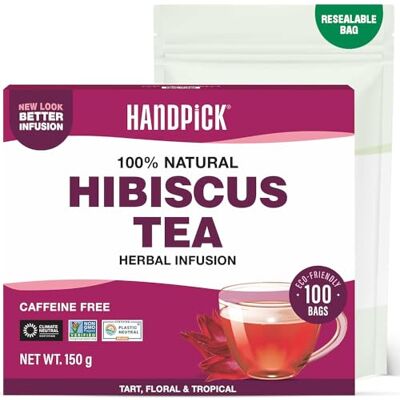 HANDPICK , Hibiscus Tea Bags 100 Count 100% Pure Ingredients- Hibiscus Flowers Brew Hot, Iced Tea or Kombucha Tea Round Herbal Tea Bags HANDPICK , Hibiscus Tea Bags 100 Count 100% Pure Ingredients- Hibiscus Flowers Brew Hot, Iced Tea or Kombucha Tea Round Herbal Tea Bags