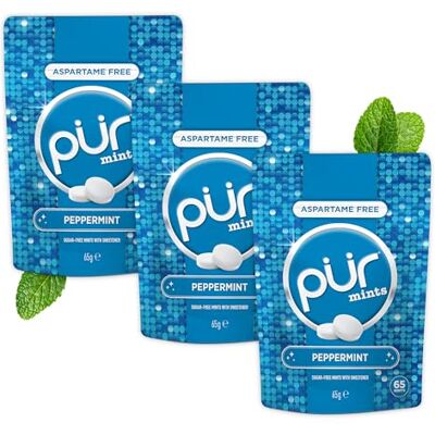 PUR Gum PUR Mints Aspartame Free Breath Mints Made with Xylitol Sugar Free, Vegan, Gluten Free Natural Peppermint flavour 65 Pieces in Re-Sealable pouch (Pack of 3) PUR Gum PUR Mints Aspartame Free Breath Mints Made with Xylitol Sugar Free, Vegan, Gluten Free Natural Peppermint flavour 65 Pieces in Re-Sealable pouch (Pack of 3)