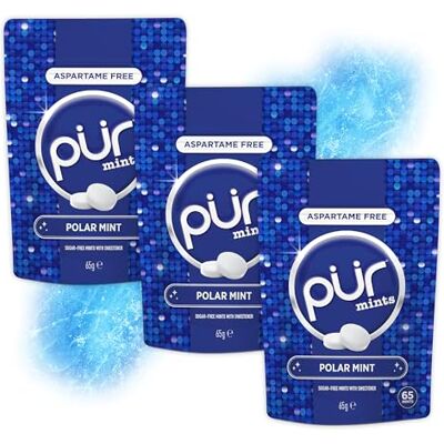 PUR Gum PUR Mints Aspartame Free Breath Mints Made with Xylitol Sugar Free, Vegan, Gluten Free Natural Polar Mint flavour 65 Pieces in Re-Sealable pouch (Pack of 3) PUR Gum PUR Mints Aspartame Free Breath Mints Made with Xylitol Sugar Free, Vegan, Gluten Free Natural Polar Mint flavour 65 Pieces in Re-Sealable pouch (Pack of 3)