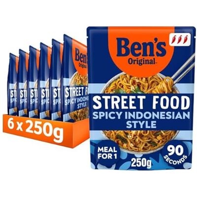 Ben's Original Street Food Spicy Indonesian Style ready in 90 seconds Noodles Ready Meal serves 1 multipack 6x 250g Ben's Original Street Food Spicy Indonesian Style ready in 90 seconds Noodles Ready Meal serves 1 multipack 6x 250g