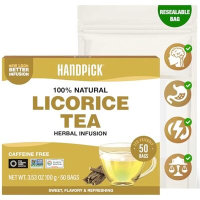 HANDPICK , Licorice Root Tea Bags (50 Count, 2g/bag) Licorice Tea Non-GMO, Caffeine Free Premium Quality Eco Conscious Round Bags HANDPICK , Licorice Root Tea Bags (50 Count, 2g/bag) Licorice Tea Non-GMO, Caffeine Free Premium Quality Eco Conscious Round Bags