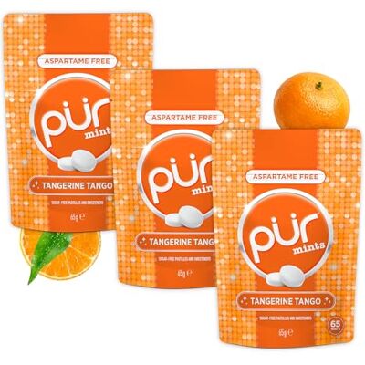 PUR Gum PUR Mints Aspartame Free Breath Mints Made with Xylitol Sugar Free, Vegan, Gluten Free Natural Tangerine Tango flavour 65 Pieces in Re-Sealable pouch (Pack of 3) PUR Gum PUR Mints Aspartame Free Breath Mints Made with Xylitol Sugar Free, Vegan, Gluten Free Natural Tangerine Tango flavour 65 Pieces in Re-Sealable pouch (Pack of 3)
