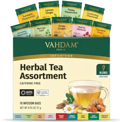 VAHDAM , Assorted Herbal Tea Sampler (18 Tea Bags, 9 Flavors) Caffeine-Free, Non-GMO Double Infusion, Individually Enveloped Tea Bags Herbal Tea Assortment VAHDAM , Assorted Herbal Tea Sampler (18 Tea Bags, 9 Flavors) Caffeine-Free, Non-GMO Double Infusion, Individually Enveloped Tea Bags Herbal Tea Assortment