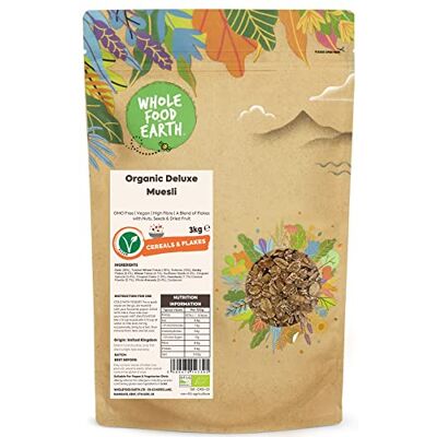 Wholefood Earth Organic Deluxe Muesli – A Blend of Flakes with Nuts, Seeds & Dried Fruit – 3 kg GMO-Free Vegan High Fibre Certified Organic Wholefood Earth Organic Deluxe Muesli – A Blend of Flakes with Nuts, Seeds & Dried Fruit – 3 kg GMO-Free Vegan High Fibre Certified Organic