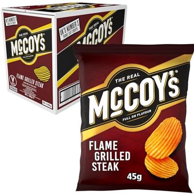 McCoys FLAME GRILLED STEAK Grab Bag Crisps 45g (Multipack BOX of 36) Fully loaded with flavour, iconic ridged crisp, unmistakable crunch McCoys FLAME GRILLED STEAK Grab Bag Crisps 45g (Multipack BOX of 36) Fully loaded with flavour, iconic ridged crisp, unmistakable crunch