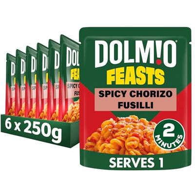 Dolmio Feasts Spicy Chorizo Fusilli ready in 2 minutes Pasta Instant Meal Pouch serves 1 multipack 6x 250g Dolmio Feasts Spicy Chorizo Fusilli ready in 2 minutes Pasta Instant Meal Pouch serves 1 multipack 6x 250g