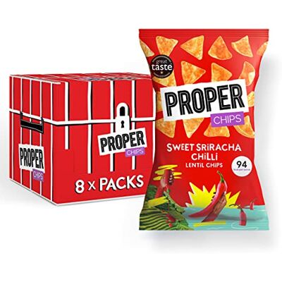 PROPER Lentil Chips, Sweet Sriracha Chilli, Vegan, Gluten Free Snacks, Sharing Bags 85g (8 Packs) PROPER Lentil Chips, Sweet Sriracha Chilli, Vegan, Gluten Free Snacks, Sharing Bags 85g (8 Packs)