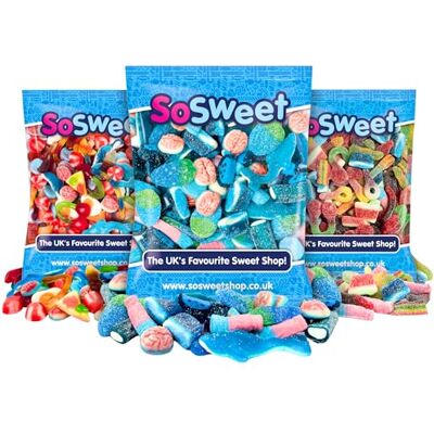 SoSweet Blue, Fizzy and Jelly Sweet Mix, 3 x 1kg Bags SoSweet Blue, Fizzy and Jelly Sweet Mix, 3 x 1kg Bags