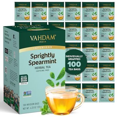 VAHDAM , Sprightly Spearmint 2-in-1 Wellness Blend, 100 Tea Bags Spearmint + Licorice Root Caffeine Free, Non-GMO, Direct from Source, Eco-Friendly Individually Wrapped Tea Bags VAHDAM , Sprightly Spearmint 2-in-1 Wellness Blend, 100 Tea Bags Spearmint + Licorice Root Caffeine Free, Non-GMO, Direct from Source, Eco-Friendly Individually Wrapped Tea Bags