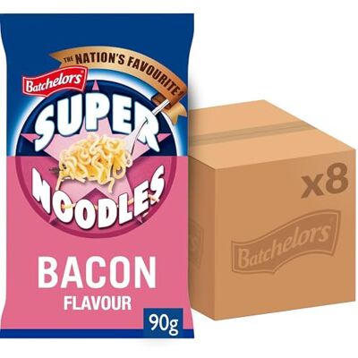 Batchelors Super Noodles Bacon Flavour, Instant Snack Ready in 4 Minutes, 90 g Packet (Pack Of 8) Batchelors Super Noodles Bacon Flavour, Instant Snack Ready in 4 Minutes, 90 g Packet (Pack Of 8)