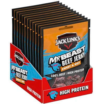 Jack Link's Beef Jerky, Sweet & Hot Flavour, Multipack of 12 x 25g Bags, High Protein Meat Snack, Sweet Seasoning and Hot Spices Jack Link's Beef Jerky, Sweet & Hot Flavour, Multipack of 12 x 25g Bags, High Protein Meat Snack, Sweet Seasoning and Hot Spices