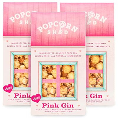 Popcorn Shed 3 x Pink Gin Gourmet Popcorn, Gift Box, Alcoholic Popcorn, Gluten Free, Natural, Vegan Movie Night Snack, 3 x 80 g Popcorn Shed 3 x Pink Gin Gourmet Popcorn, Gift Box, Alcoholic Popcorn, Gluten Free, Natural, Vegan Movie Night Snack, 3 x 80 g