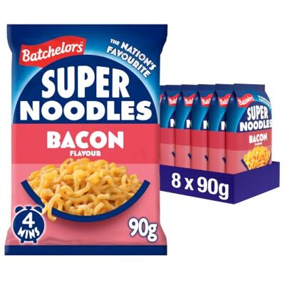 Batchelors Super Noodles Bacon Flavour, Instant Snack Ready in 4 Minutes, 90 g Packet (Pack Of 8) Batchelors Super Noodles Bacon Flavour, Instant Snack Ready in 4 Minutes, 90 g Packet (Pack Of 8)