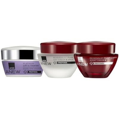 Avon Anew Reversalist Set, Day Cream 50ml + Night Cream 50ml + Eye Cream 20ml, Pack of 3, To Help Plump & Smooth, Ultimate Skincare Trio for Age 30+, Powered by Collagen, Cruelty Free Avon Anew Reversalist Set, Day Cream 50ml + Night Cream 50ml + Eye Cream 20ml, Pack of 3, To Help Plump & Smooth, Ultimate Skincare Trio for Age 30+, Powered by Collagen, Cruelty Free