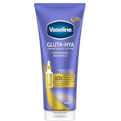 Vaseline Gluta-Hya Overnight Radiance Serum Burst Lotion Moisturiser – Body Lotion with GlutaGlow™, Hyaluron, Collagen & Antioxidants 10x Stronger Than Vitamin C*, For Plumper Skin in 5 Days 200ml Vaseline Gluta-Hya Overnight Radiance Serum Burst Lotion Moisturiser – Body Lotion with GlutaGlow™, Hyaluron, Collagen & Antioxidants 10x Stronger Than Vitamin C*, For Plumper Skin in 5 Days 200ml