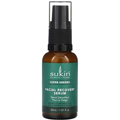 Sukin Super Greens Facial Recovery Serum 30ml- with Acai & Goji Berry; cruelty free & vegan friendly has a light consistency for speedy absorption & infused detoxifying ingredients. Sukin Super Greens Facial Recovery Serum 30ml- with Acai & Goji Berry; cruelty free & vegan friendly has a light consistency for speedy absorption & infused detoxifying ingredients.