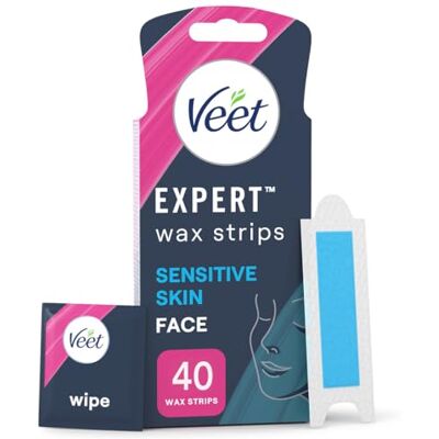 Veet Expert Facial Wax Strips for Women, 40 Count + 4 Finish Wipes, Sensitive Skin Remover with Almond Oil, Dermatologically Tested, Effective Face Solution Veet Expert Facial Wax Strips for Women, 40 Count + 4 Finish Wipes, Sensitive Skin Remover with Almond Oil, Dermatologically Tested, Effective Face Solution