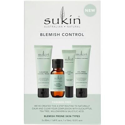 Sukin Blemish Control Set (4 products for better value) with eucalyptus, tea tree & salicylic acid; cruelty free & vegan friendly calms and clears the complexion, for acne prone & blemished skin. Sukin Blemish Control Set (4 products for better value) with eucalyptus, tea tree & salicylic acid; cruelty free & vegan friendly calms and clears the complexion, for acne prone & blemished skin.