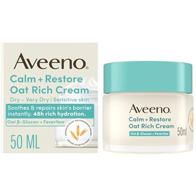 Aveeno Calm + Restore Oat Rich Cream 50ml for Dry to Very Dry Sensitive Skin, Provides 48 Hour Hydration, Soothes Irritation, and Supports Skin Barrier Repair Aveeno Calm + Restore Oat Rich Cream 50ml for Dry to Very Dry Sensitive Skin, Provides 48 Hour Hydration, Soothes Irritation, and Supports Skin Barrier Repair