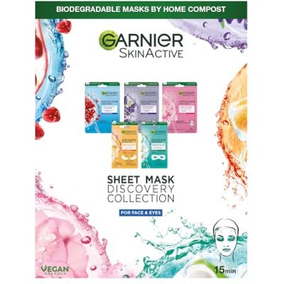 Garnier Sheet Mask Discovery Collection, Face & Eye Sheet Masks, Pack of 5 Garnier Sheet Mask Discovery Collection, Face & Eye Sheet Masks, Pack of 5